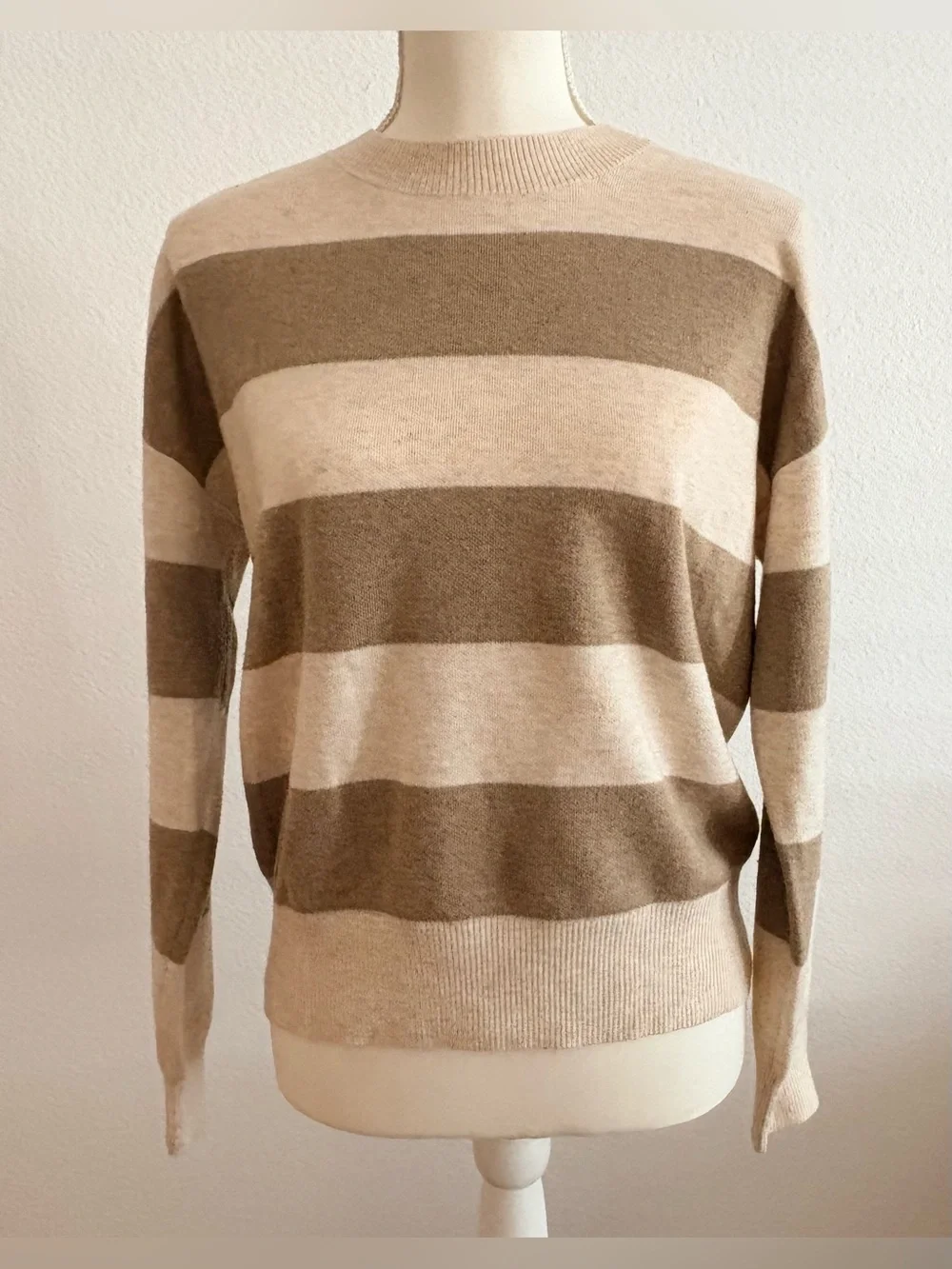 Splendid Oat Beige Striped Crewneck Sweater Small Cozy Wool Blend Knit